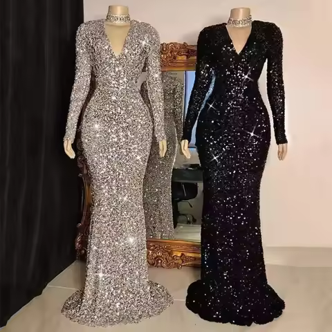 Women Gray V Neck Long Sleeve Sequin Dress Elegant Evening Dress Party Maxi Dress Ladies Trailing Dresses Customized