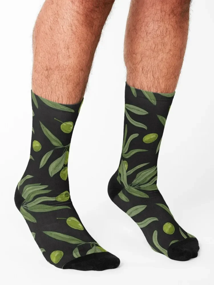 Green Olives with Leaves on Black Pattern Socks funny gift with print valentine gift ideas Girl'S Socks Men's