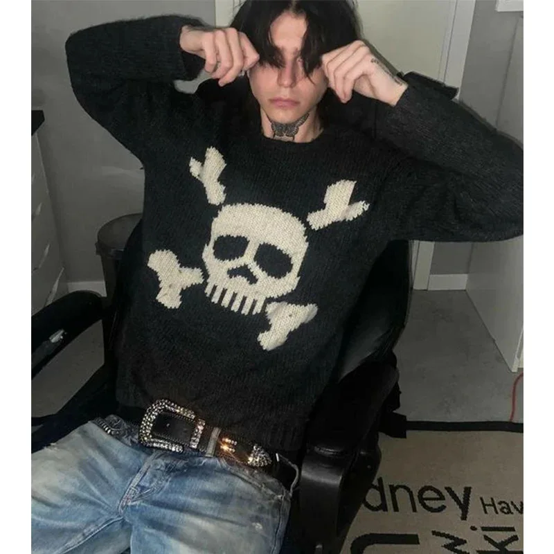 

Y2K Personalized Men Women European American Skeleton Jacquard Pullover Sweater Knitted Sweater Retro Long Sleeved Loose Tops
