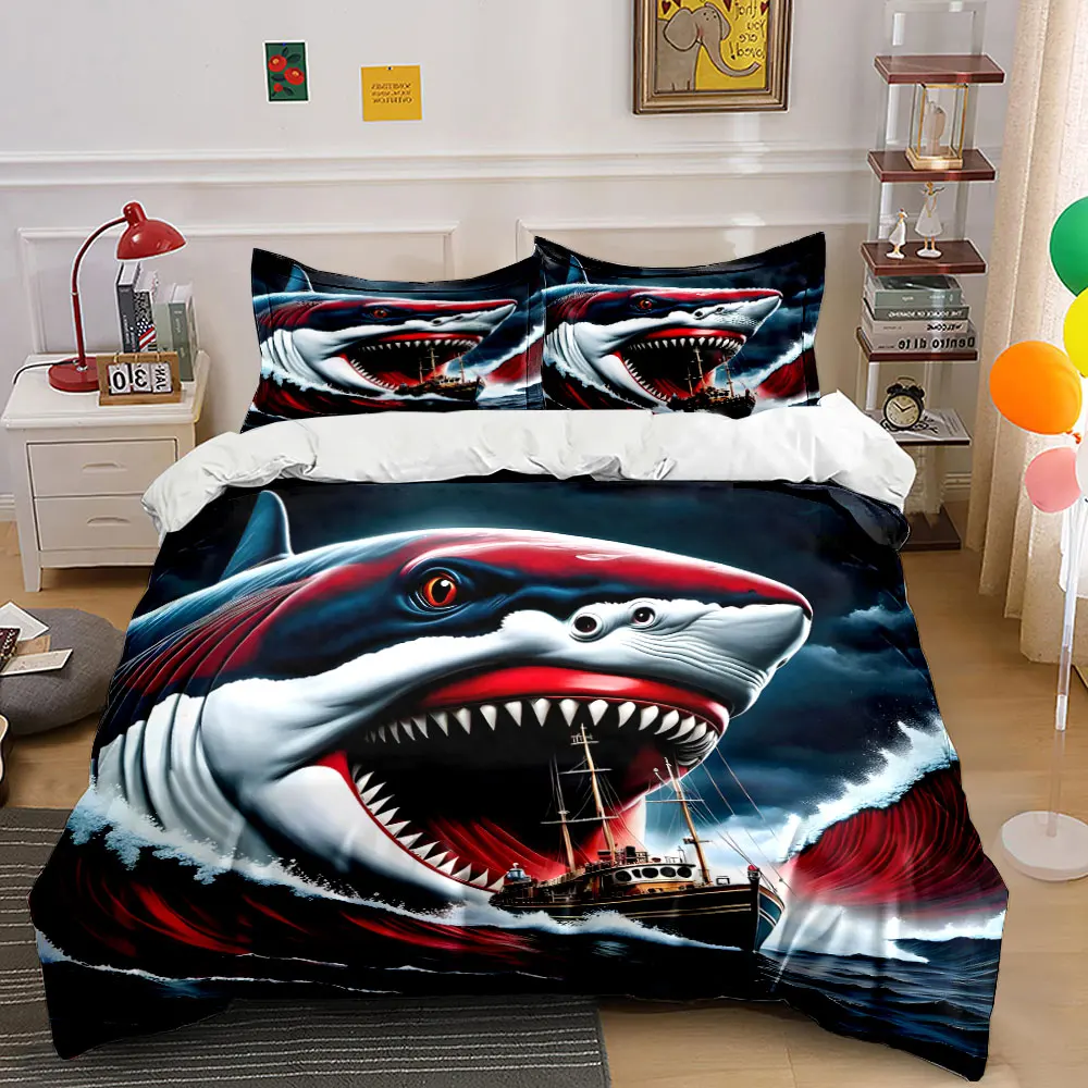 3pcs Shark attacking wooden ship Print Bedding Set 1 Duvet Cover 2 Pillowcases for Adult and Children Luxury Gift Full Size