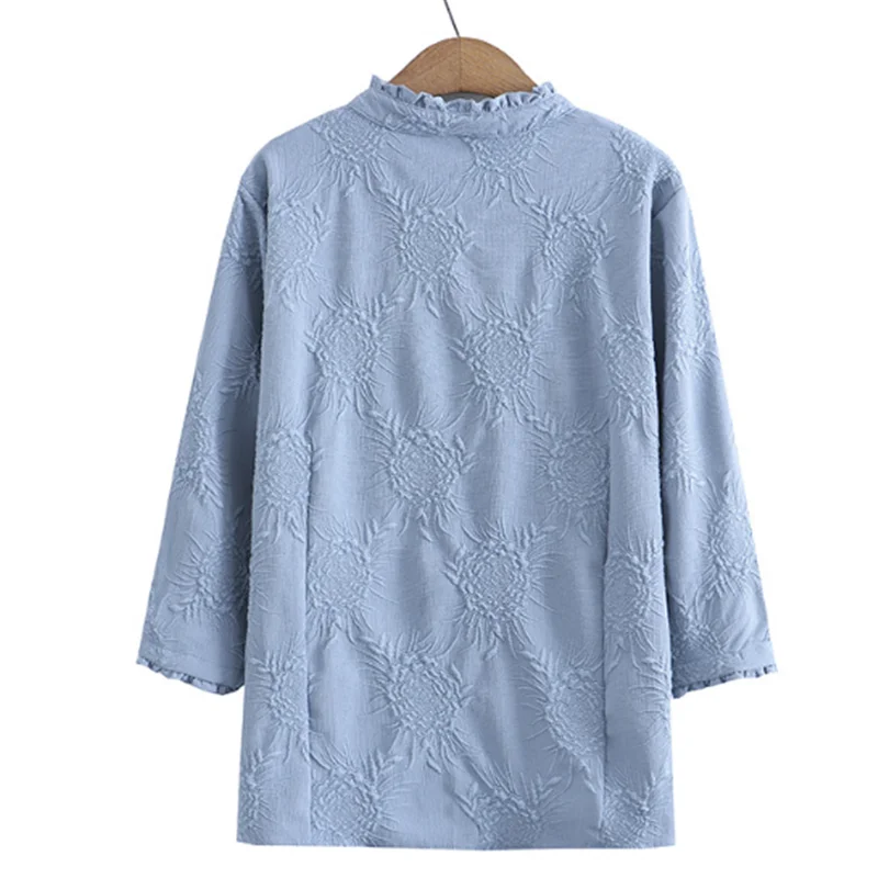 2024 Big Size Women's Spring New Slim Loose Matte Jacquard Seven-Quarter Sleeve Lace Shirt