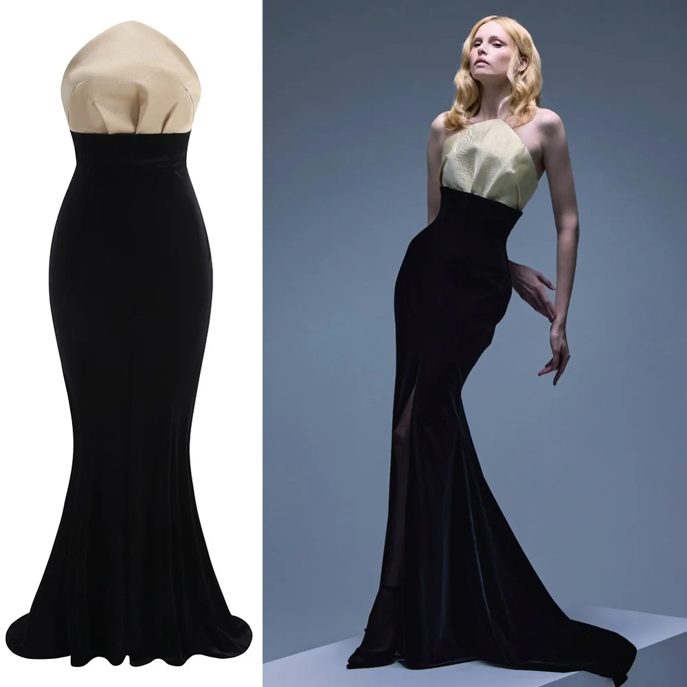 

Элегантное двухцветное вечернее платье «русалка» черного цвета и цвета шампанского для женщин — официальное длинное платье без бретелек с высоким разрезом и длиной до пола