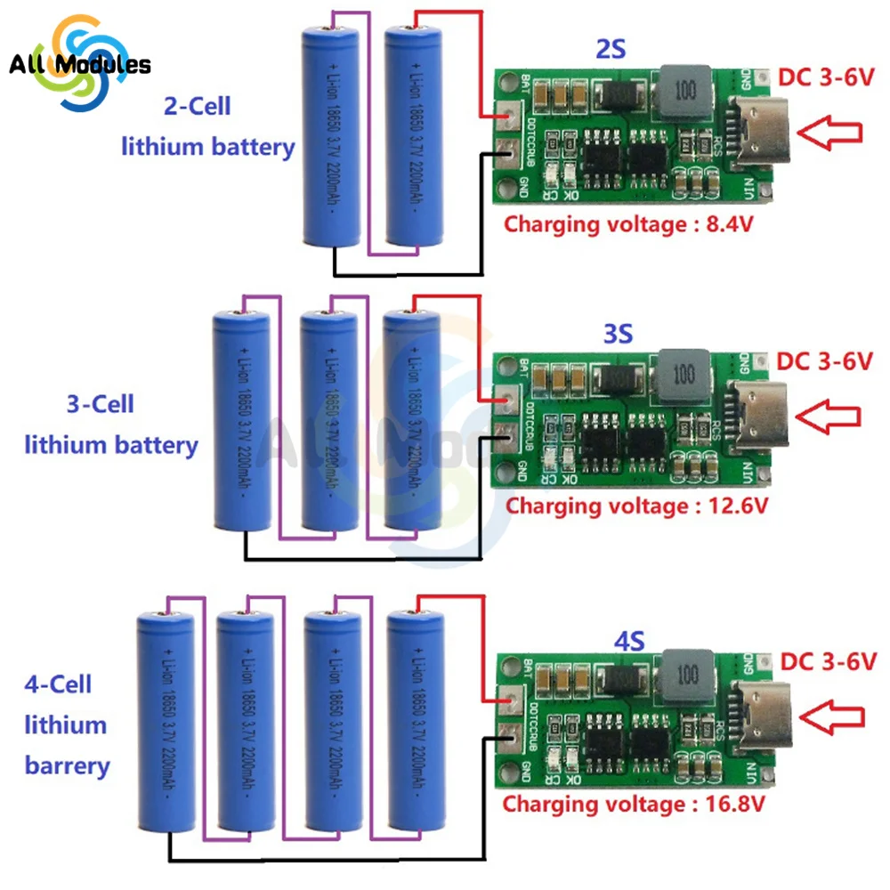 DIY 21700 3.7V 18650 Lithium Battery Step-Up Boost LiPo Polymer Li-Ion Charger Multi-Cell 2S 3S 4S 5V Type-C To 8.4V 12.6V 16.8V