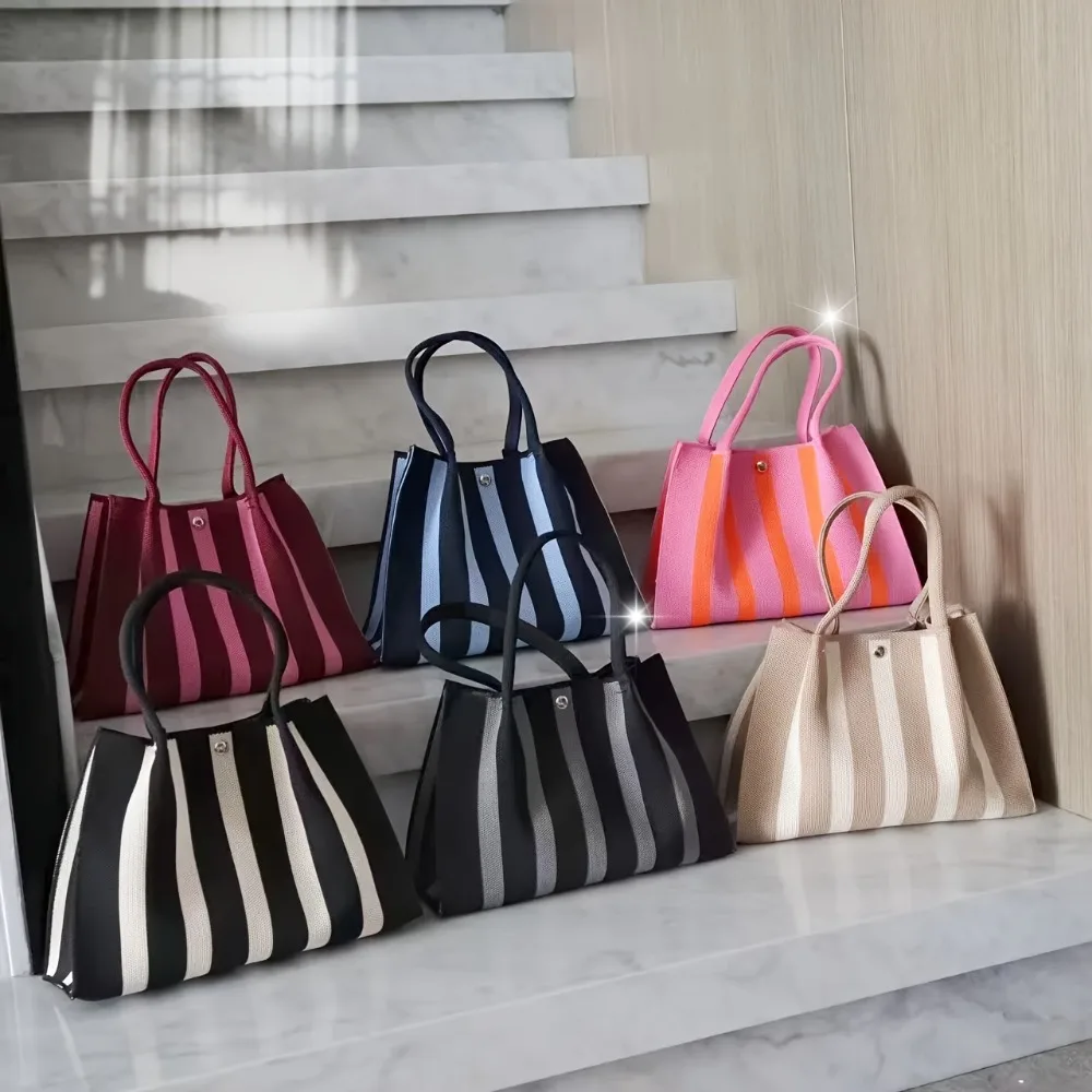 Neue Farbblock-Stricktasche mit Streifendesign, Große Handtasche für den Arbeitsweg von Frauen – Detail 1