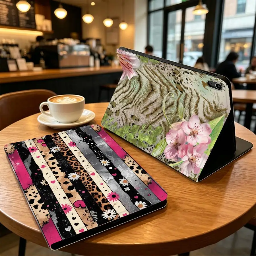 Floral Stripe Leopard With Pencil Holder Case for Apple iPad Pro11 13 Air 11 13 M4 M3 M2 A16 2026 10th 7/8/9th Air 4/5/6th