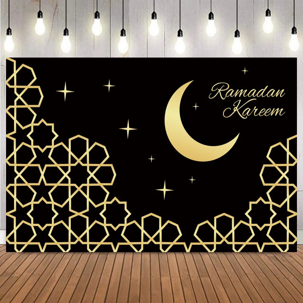 Ramadan Kareem Eid Mubarak Islamic Theme Backdrop Golden Moon Star Mosque Festival Party Decoration Photo Background Studio Prop