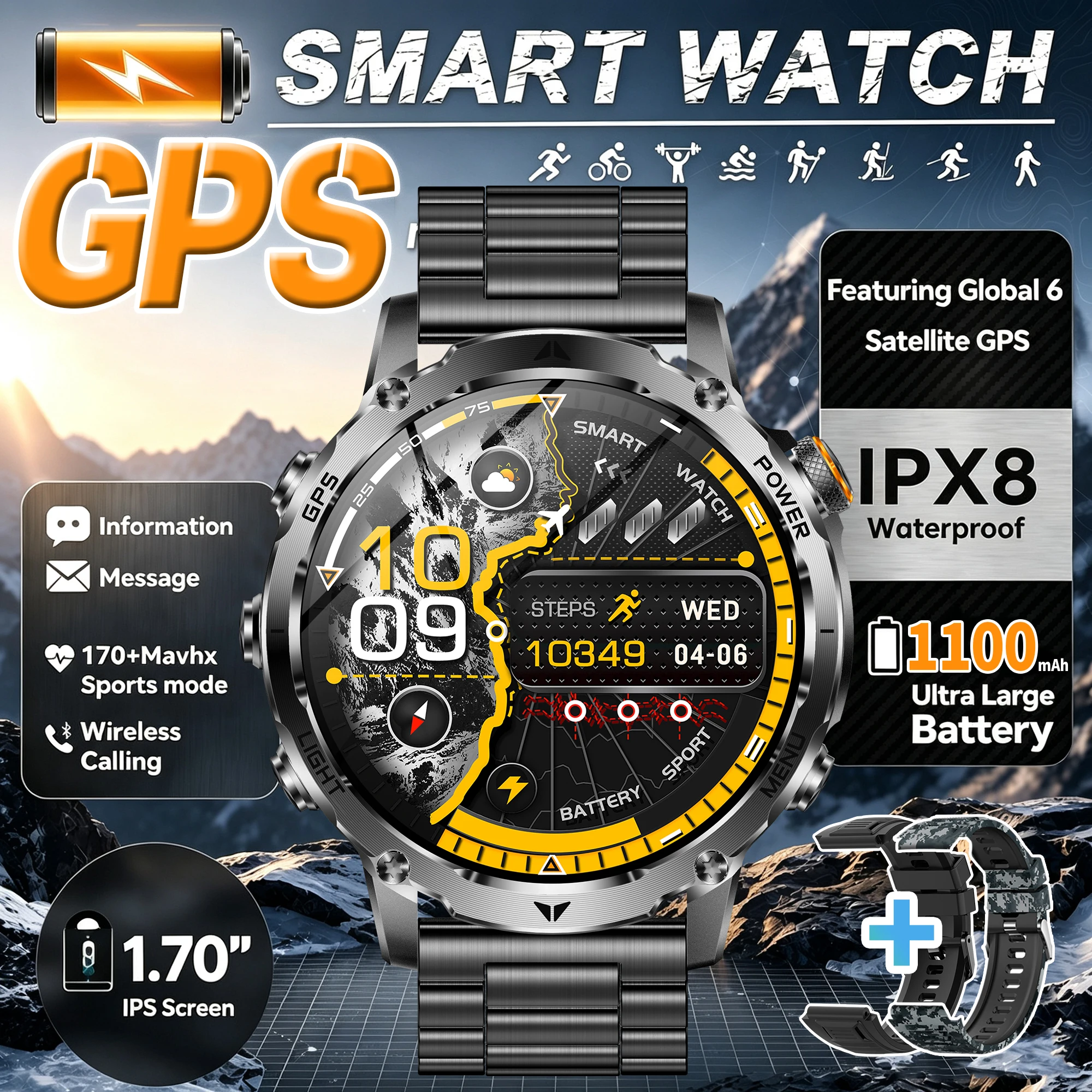 1100mAh Battery Rugged Smart Watch Men 6-Axis GPS 1.7