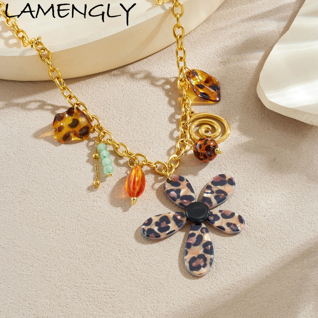 LAMENGLY 316L Stainless Steel Leopard Print Acrylic Big Flower Beads Spiral Line Pendant Necklace Lady Geometric Design Jewelry