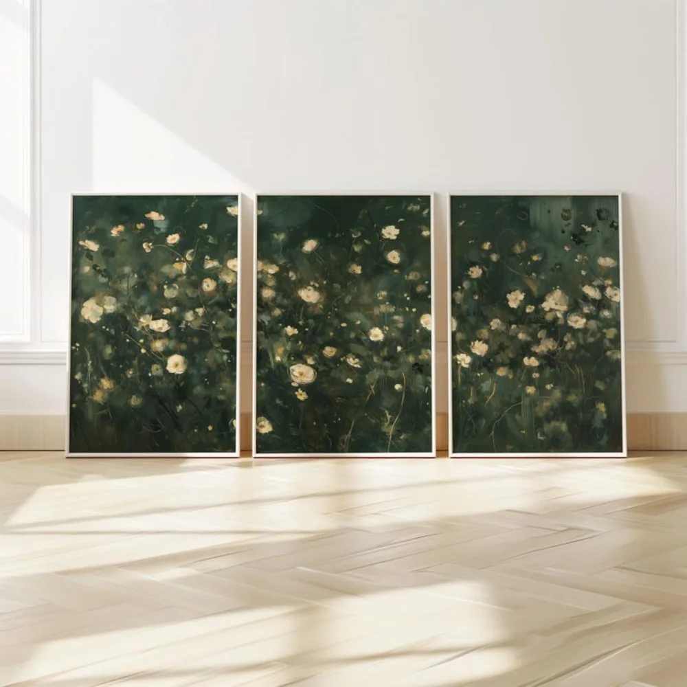Set of Frameless Dark Green Plant Prints 3,abstract Floral Art,modern Triptych Gallery Wall Decor Lush House, Living Room Decor
