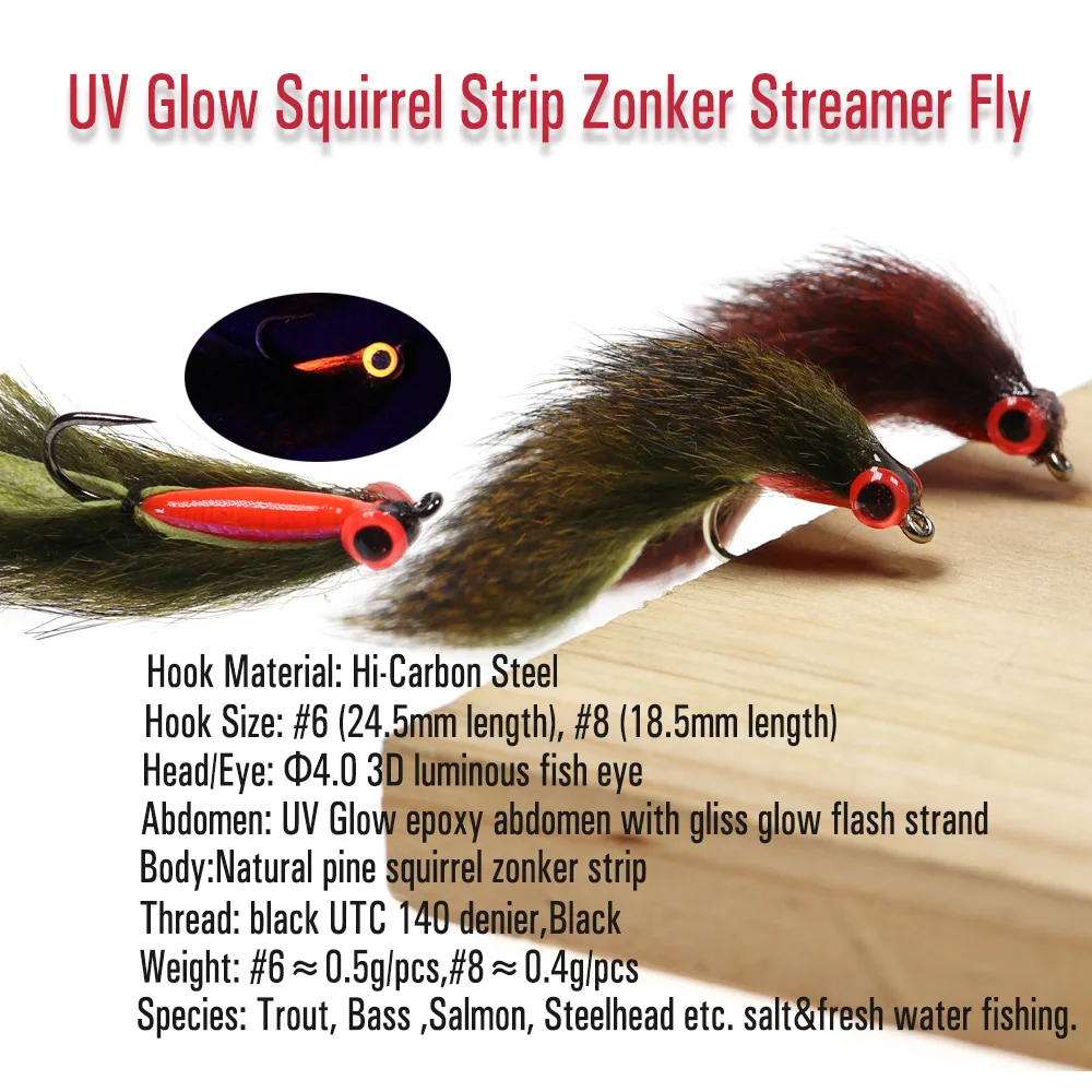 Vtwins UV Glow Squirrel Strip Zonker Streamer Fly Salmon Steelhead Bass Trout Pike Fishing Lure Artificial Bait Fishing Tackle