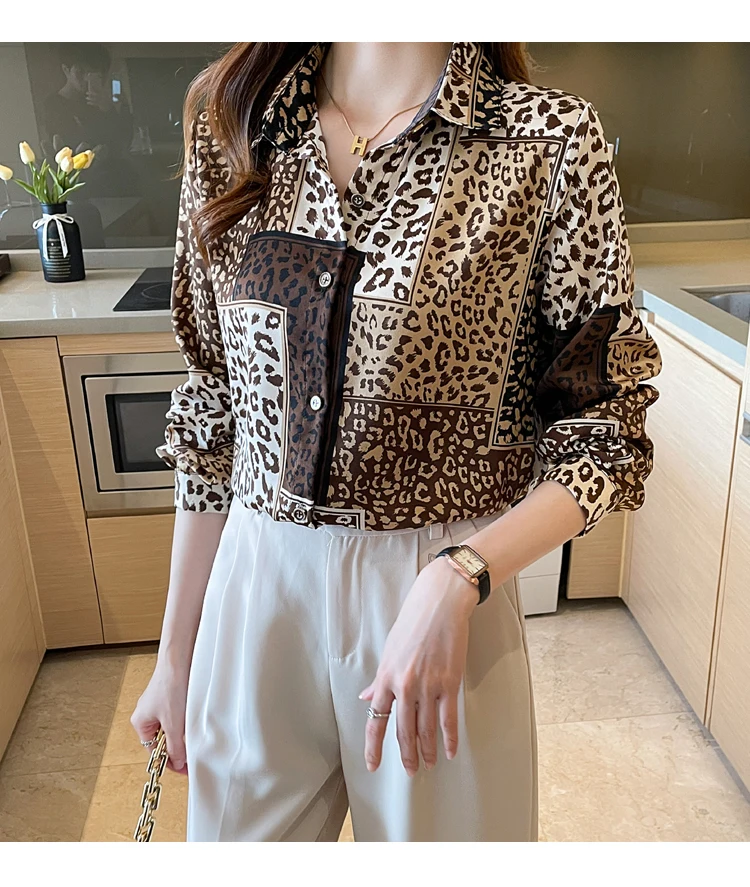 2025 Trend Brown Leopard Women Chiffon Shirts Spring Summer Long Sleeve Female Blouses Casual Tops Elegant OL Work Shirts camisa