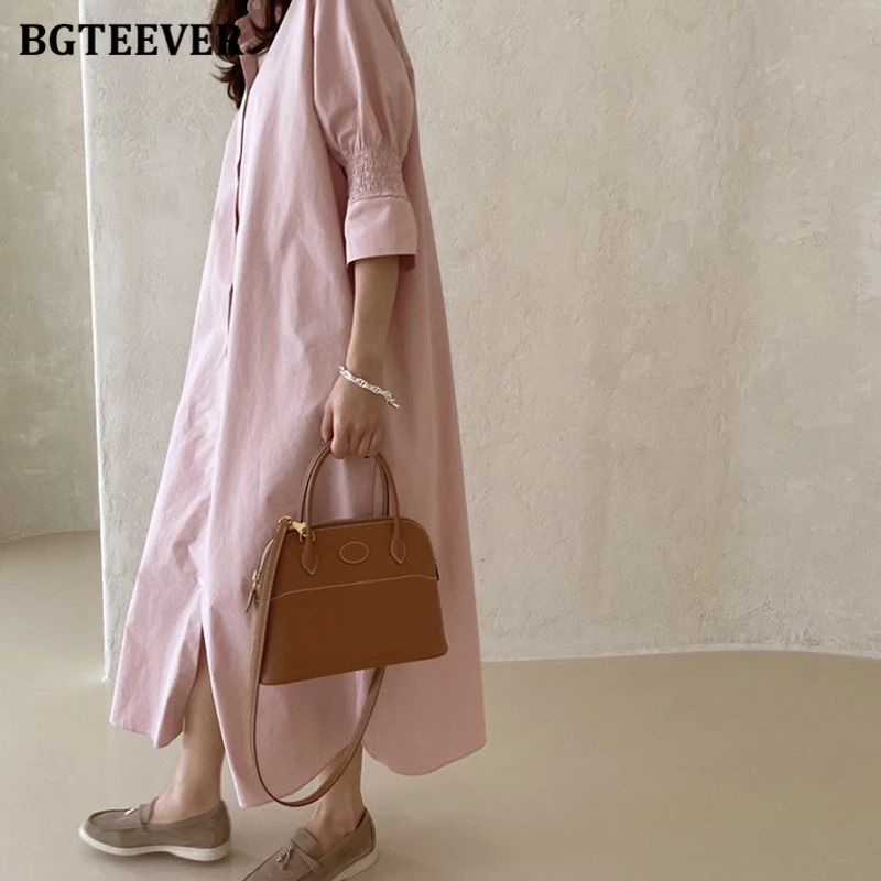 BGTEEVER Casual Lapel Single-breasted Women Shirt Dress Half Sleeve Loose Straight Female Long Dress vestidos