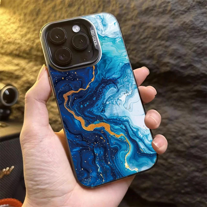 

Blue and gold marble texture phone case for iPhone 16 15 14 13 12 11 Pro/ Max/Plus shock-proof rear cover anti-fingerprint