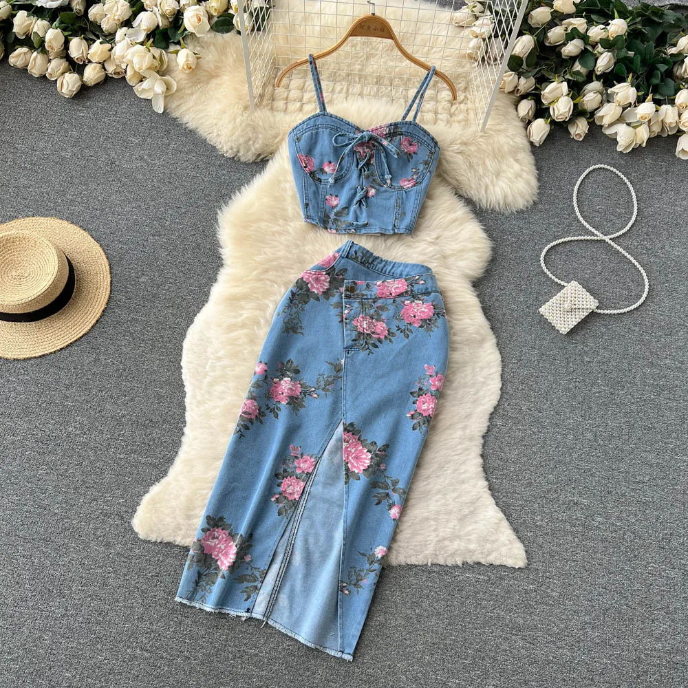 Retro Flower Printed Denim Set Women's Off Shoulder Tank Top+Designer High Waist Split Half Skirt Spring/Summer Two Piece Sets