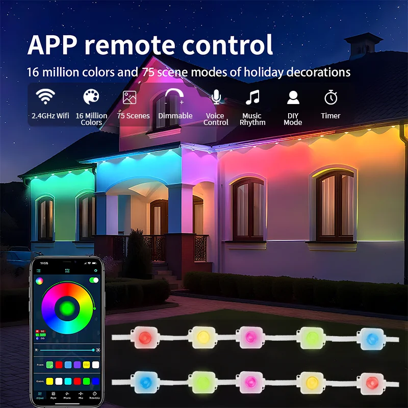 パーティー用長持ちLED、常設屋外照明、RGB軒下ライト、DIYシーンモードIP67防水屋外軒下照明。