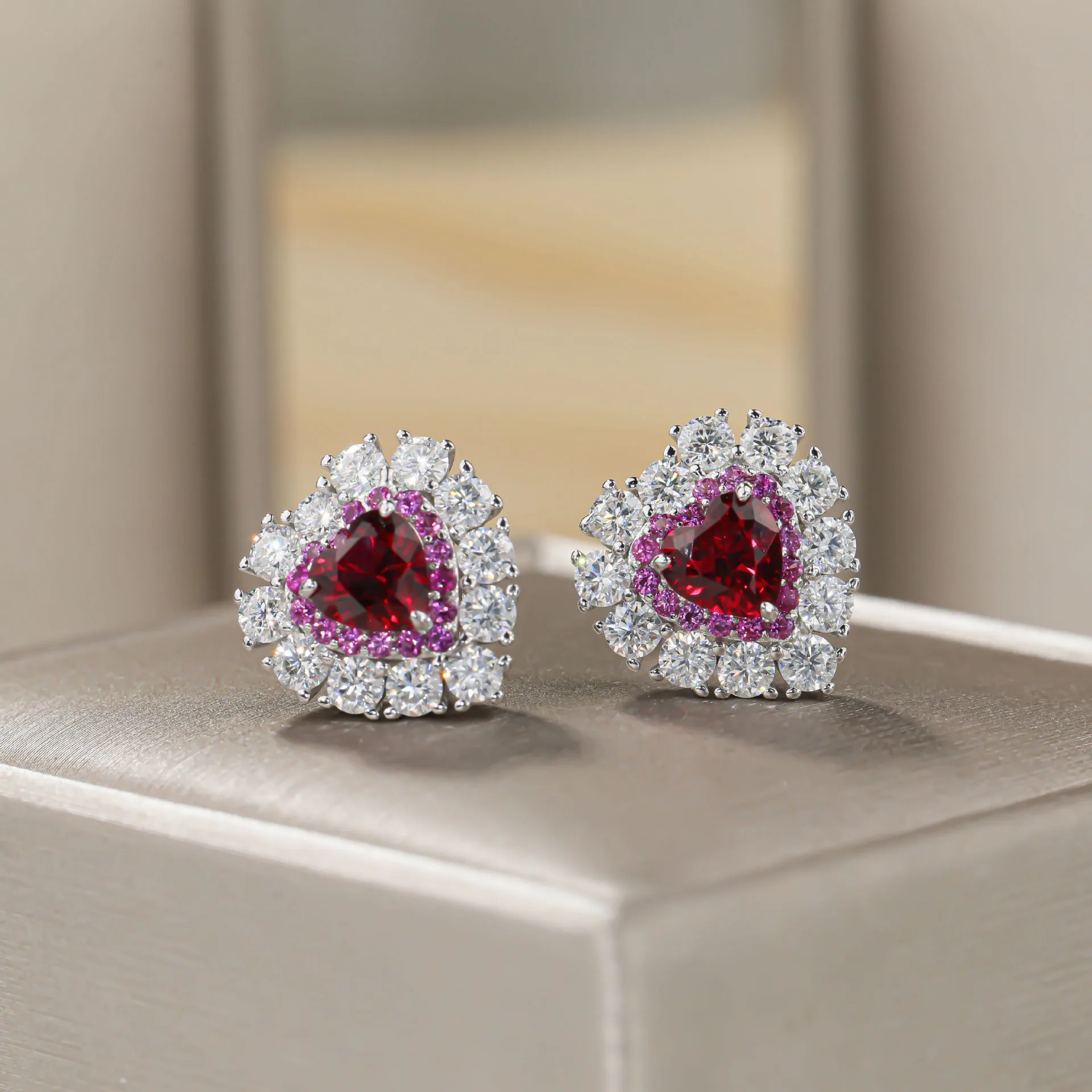 Luxury 925 Sterling Silver Flower Pink Sapphire High Carbon Diamond Gemstone Ear Studs Earrings Fine Jewelry Gifts