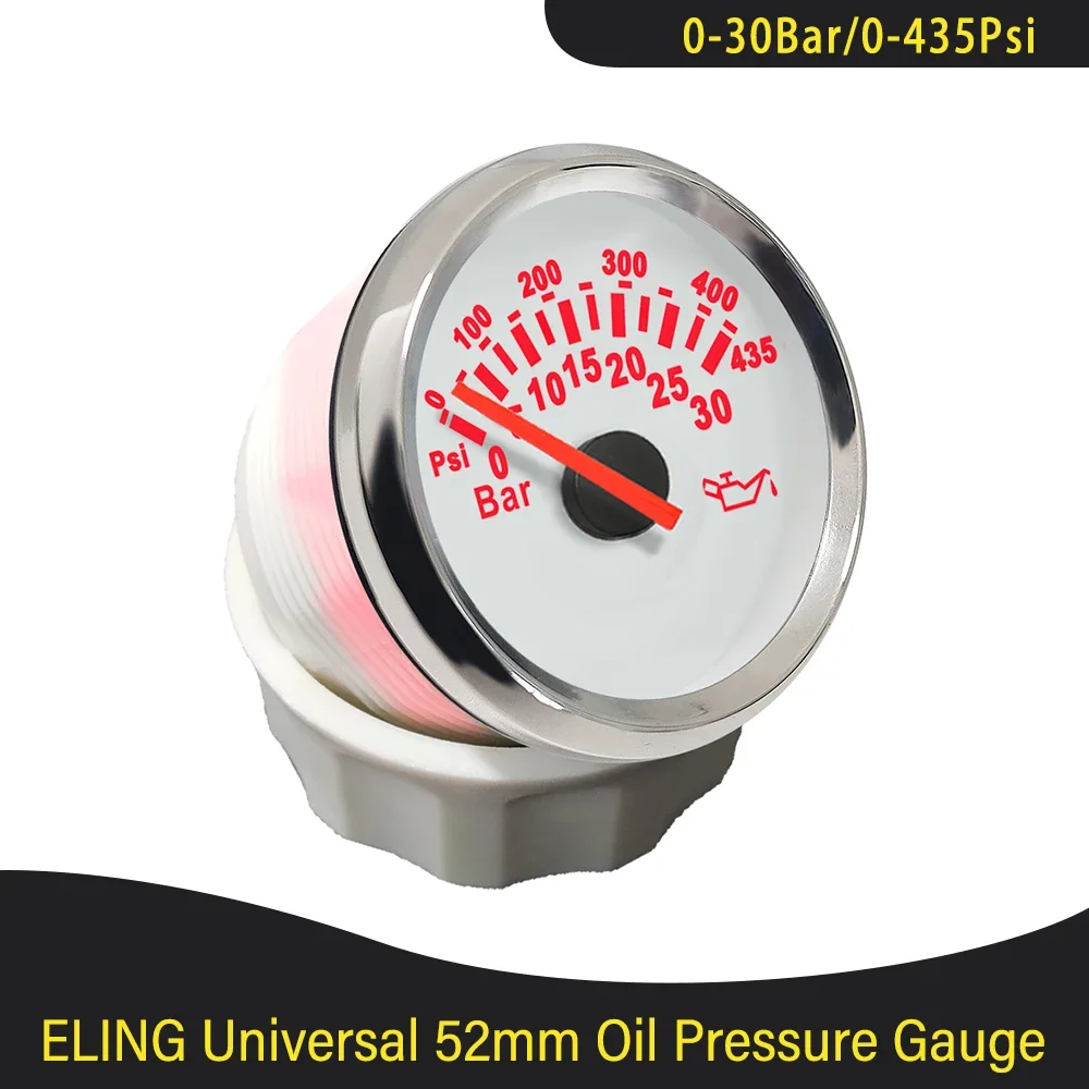 Waterproof Universal 52mm Oil Pressure Gauge 0-30Bar 0-435Psi with Red Backlight for Boat Car Yacht 12V 24V