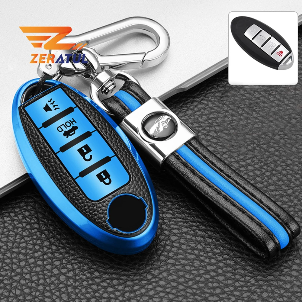 For Infiniti Nissan Altima Maxima Murano Rogue Sentra 370z Leather TPU Car 4Button Key Case Cover Keychain Protector Accessories