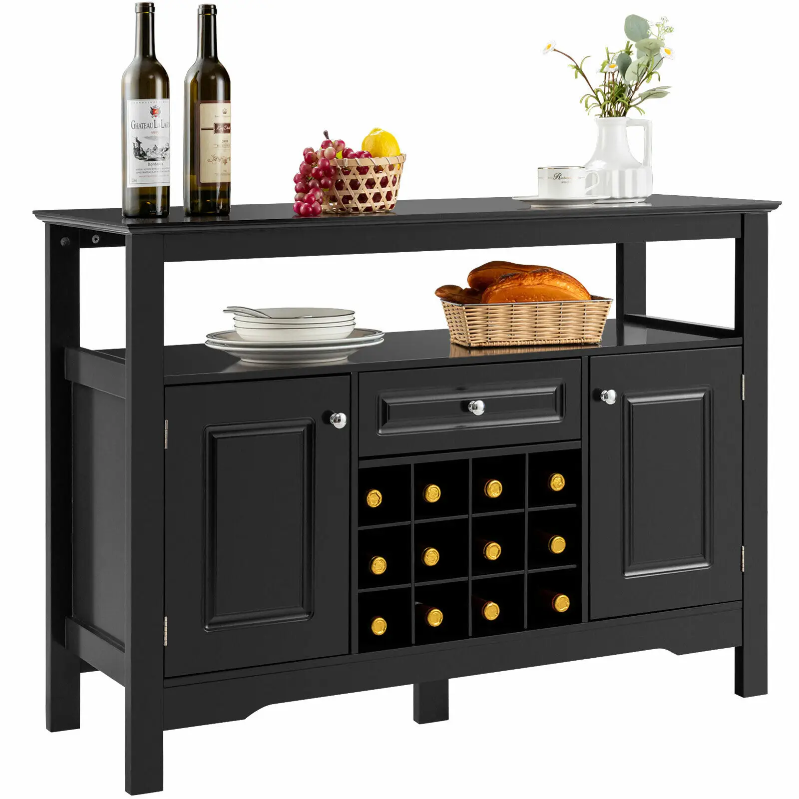 GOFLAME Wooden Storage Cabinet Freestanding Bar Buffet Sideboard with Wine Rack Drawer