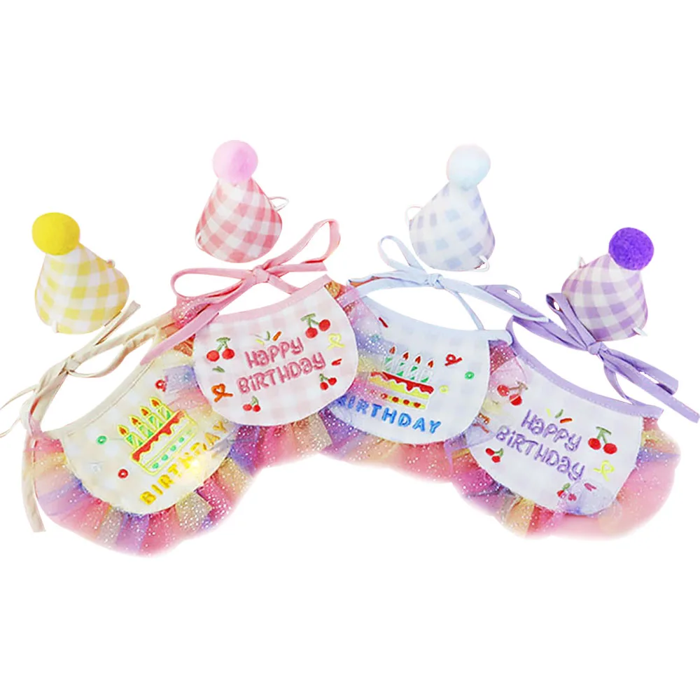 Bavoir d'anniversaire pour animaux de compagnie et chapeau de fête, serviette de salive en dentelle pour chat et chiot, Mini écharpe Bandana pour chien, fournitures de déguisement d'anniversaire pour