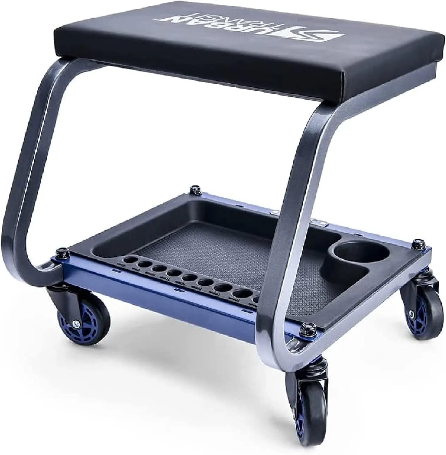 Fastback Shop Stool - 350 Lb Capacity Rolling Stool for Garage & Workshop, with Organizer Tray & Cupholder - 3 Inch Premium