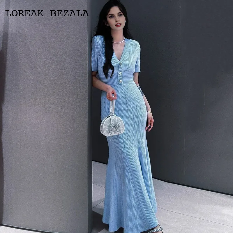 

Light Blue Fishtail Knitted Dress elastic Ladies' Spring Fashion Slim Socialite V-neck short sleeved Dress