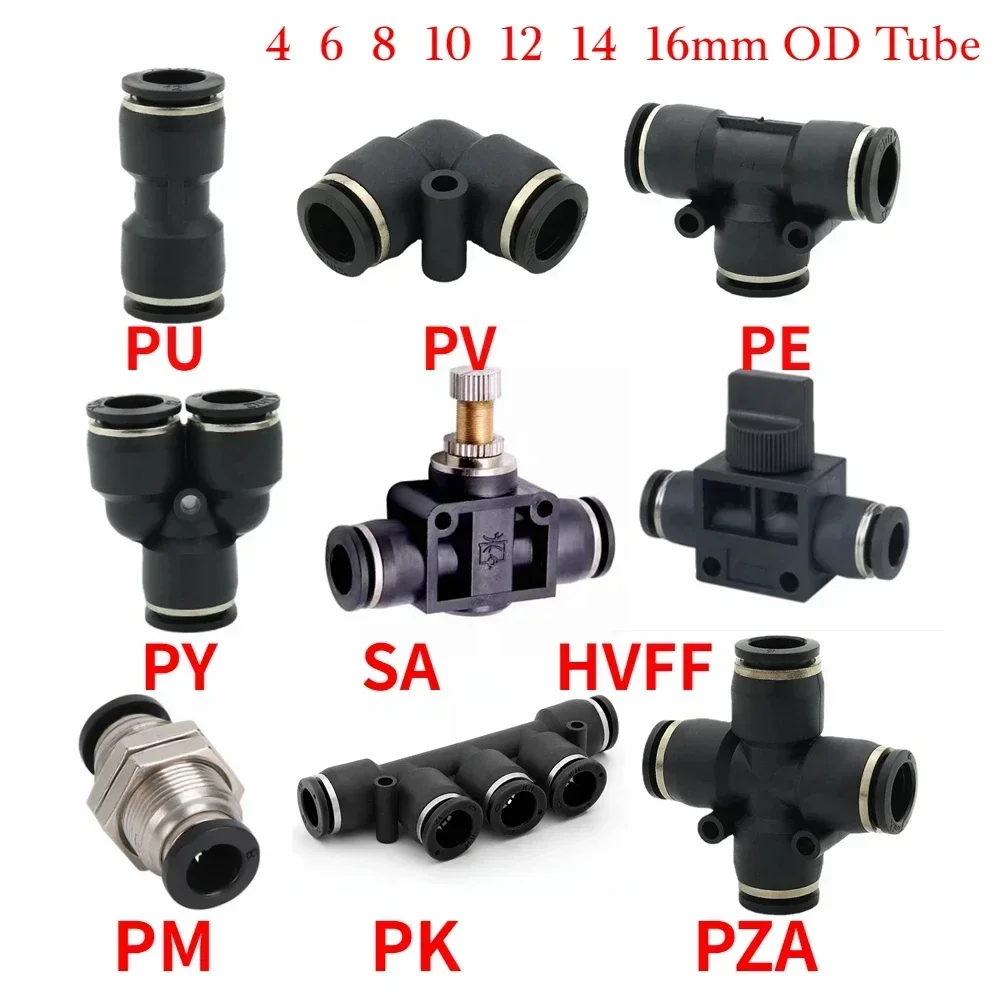 4 6 8 10 12 14 16mm OD Tube PU PY PK PE PV SA HVFF PZA PM Straight Elbow Push To  Connect Quick Release Pneumatic Air Fittings
