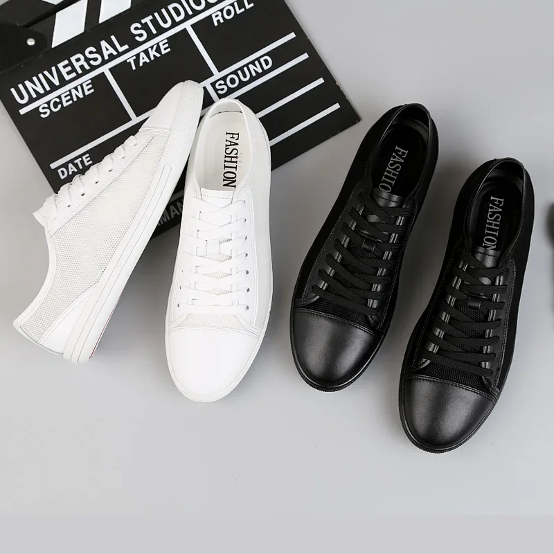 Lightweight Genuine Leather Men\'s Flats shoes Leisure Trend Korean Version Solid black White summer breathable Men Casual Shoes