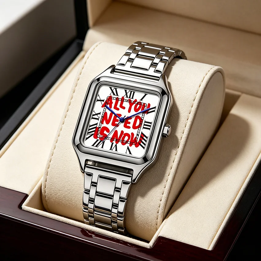 Ladies' Men Square Luxury Watch, Slogan Text on the Large Dial, 30-Meter Water Resistance, Elegant Design, Stainless Steel Strap