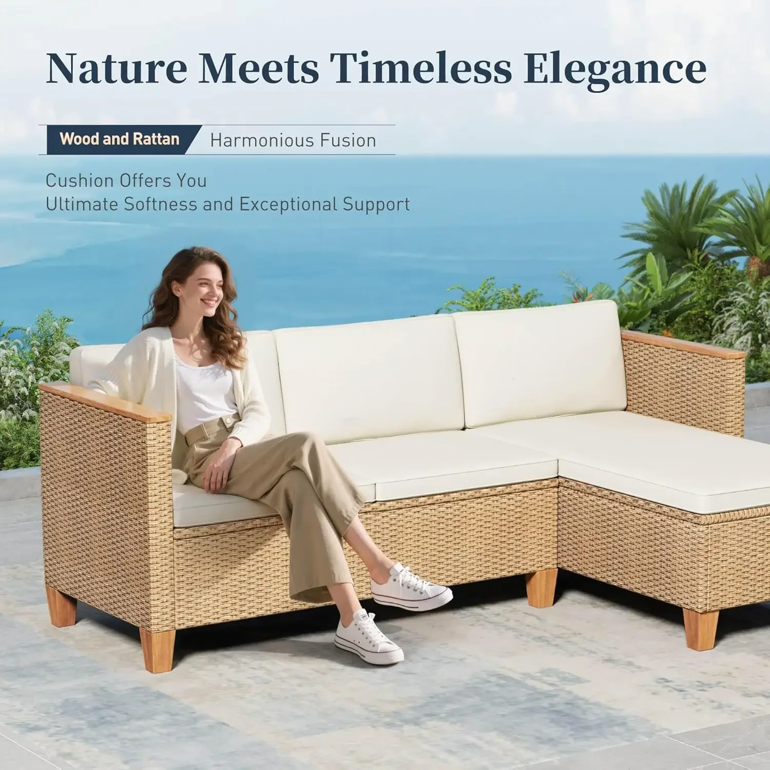 new Small Patio Furniture Set, 3 Piece Wicker Outdoor Patio Conversation Set, Outside L-Shaped Sectional Sofa Couch, Customized