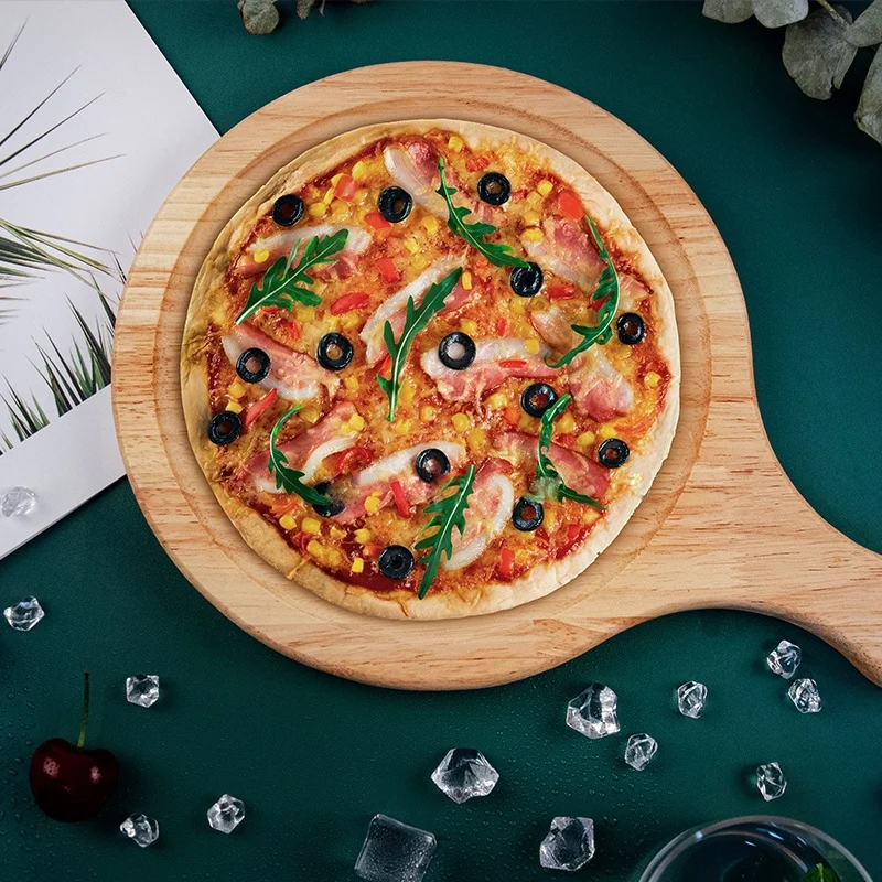Wooden Pizza Board Round With Hand Pizza Baking Tray Pizza Stone Cutting Board Platter Pizza Cake Bakeware Kitchen Tools