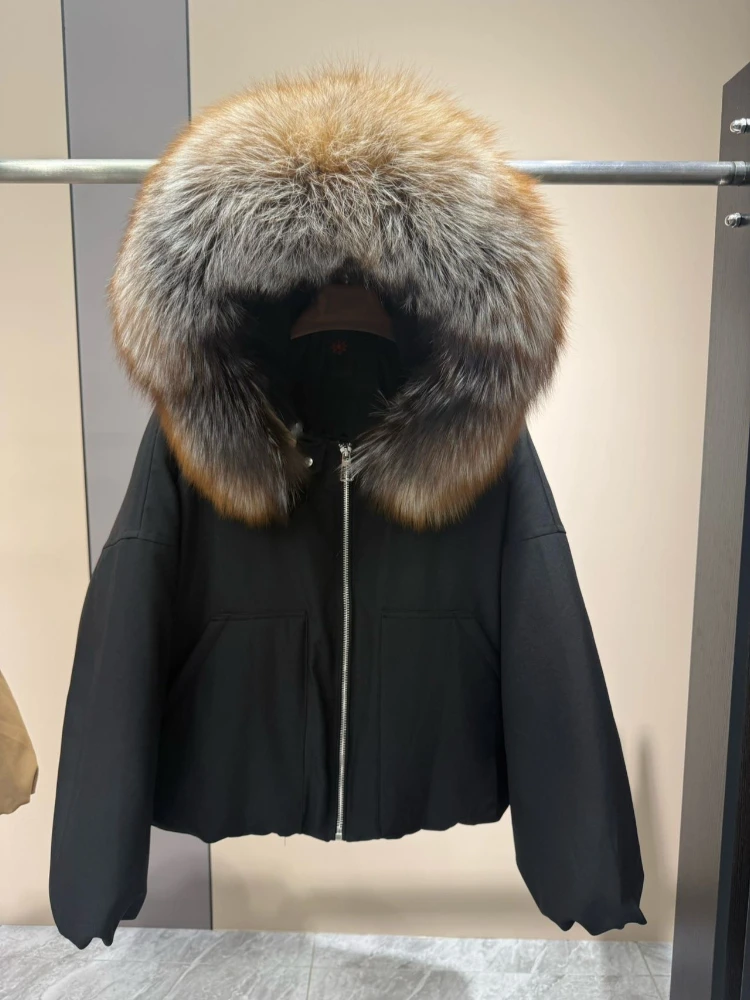 Women's Cropped Down Jacket with Fur Hood Winter Warm Windproof Full Zip Side Pockets Casual Short Outerwear for Cold Weather