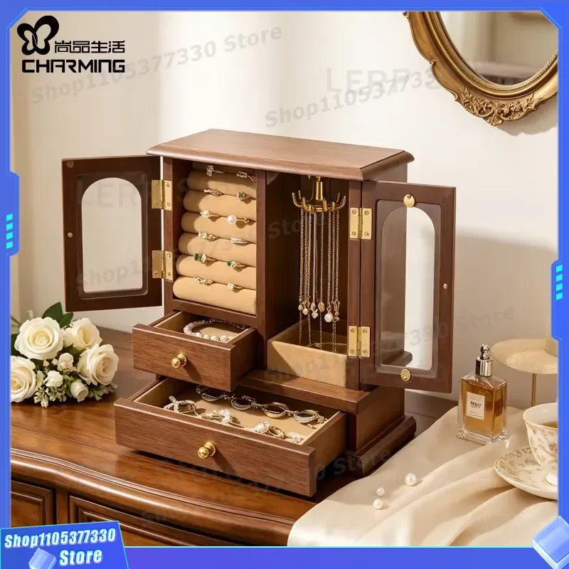 Vintage Brown Wooden Jewelry Box with Glass Top Multi Layer Drawers Rotating Tray for Rings Earrings Storage Organizer