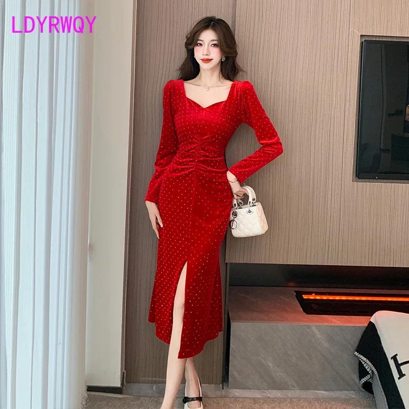 

Autumn and Winter New Sexy Gold Velvet Polka Dot Hot Diamond Dress Temperament Retro Fishtail Dress