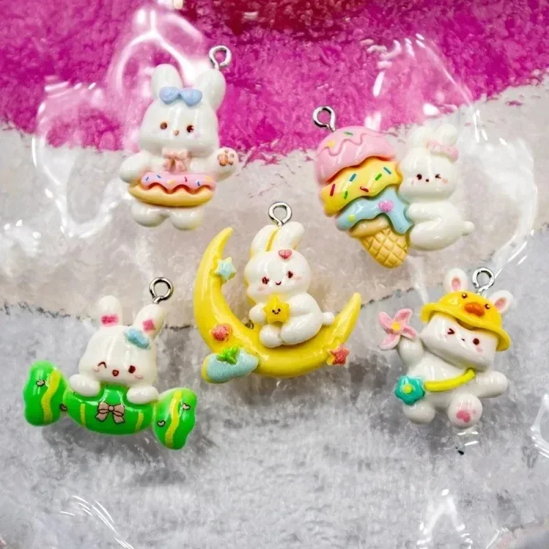 10Pcs Kawaii Glossy White Rabbit Resin Charms, New Design Bunny Mini Pendants For Handmade Earrings Bracelets Keychain Craft