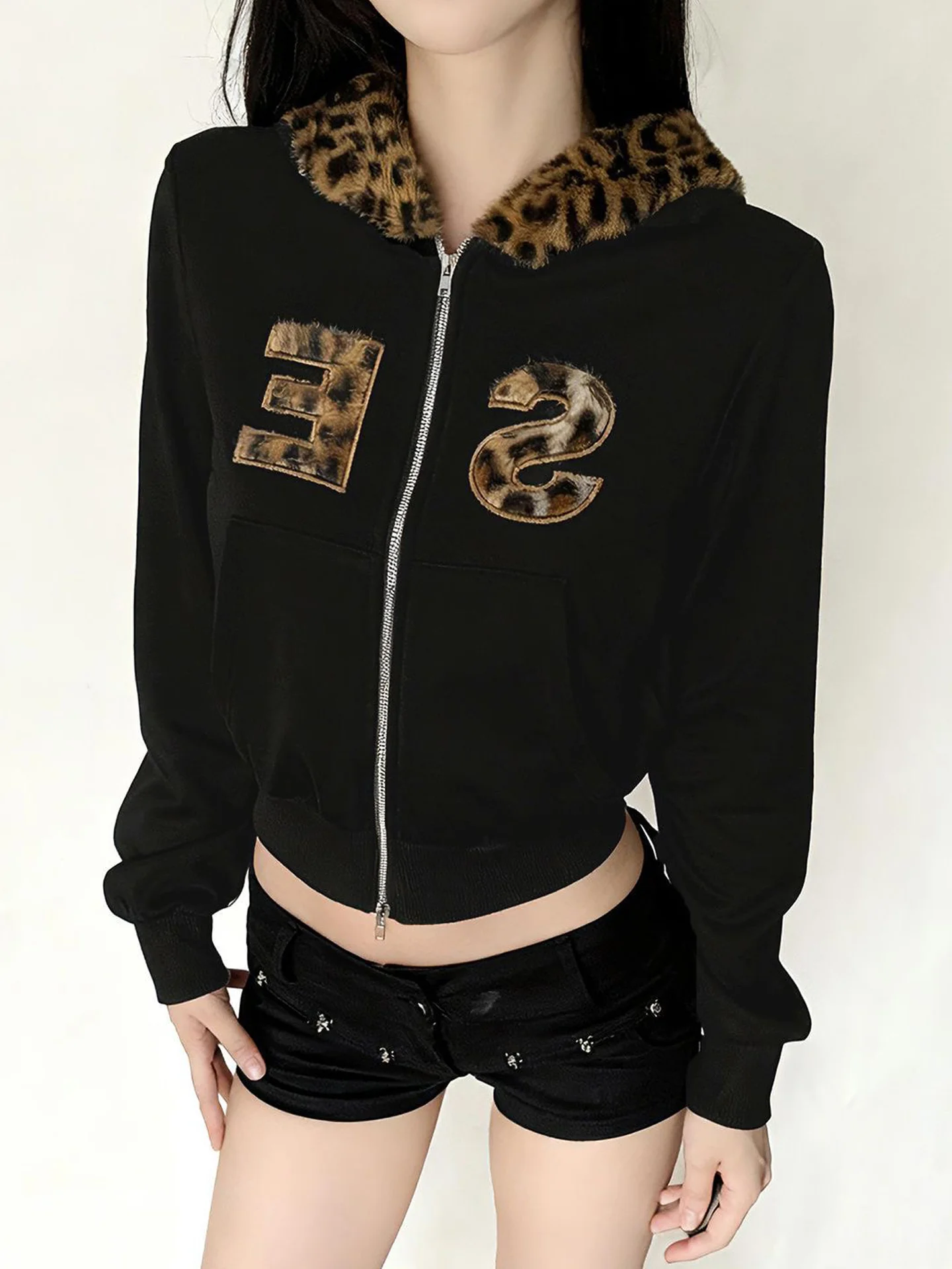 

Женская весенняя куртка 2026 с леопардовым принтом из искусственного меха, повседневная, свободного кроя, с защитой от морщин, прямым низом и застежкой-молнией