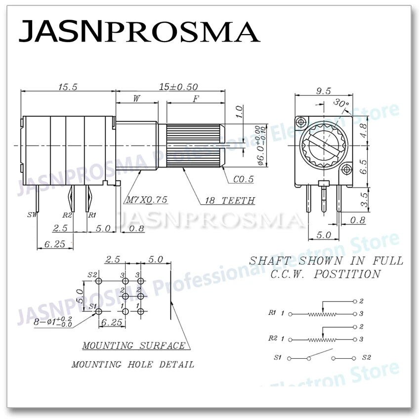 JASNPROSMA RV097GS 100PCS B10K B50K B100K 8PIN 10K 50K 100K potentiometer 15mm Double audio Amplifier Sealing with a switch