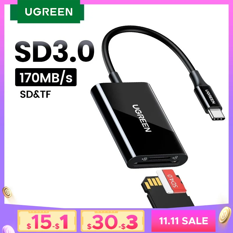 UGREEN SD3.0 Card Reader Type C to USB TF SD Card Reader 2 in 1 USB-C Memory Card for Macbook iPhone 15, Samsung Galaxy  iPad