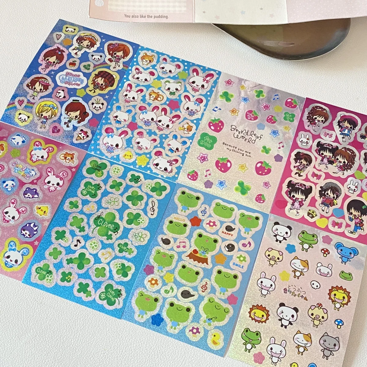 8 Sheets Kawaii Laser Stickers Japanese Cute Frog Strawberry Scrapbooking Decals for Journal Laptop DIY Craft