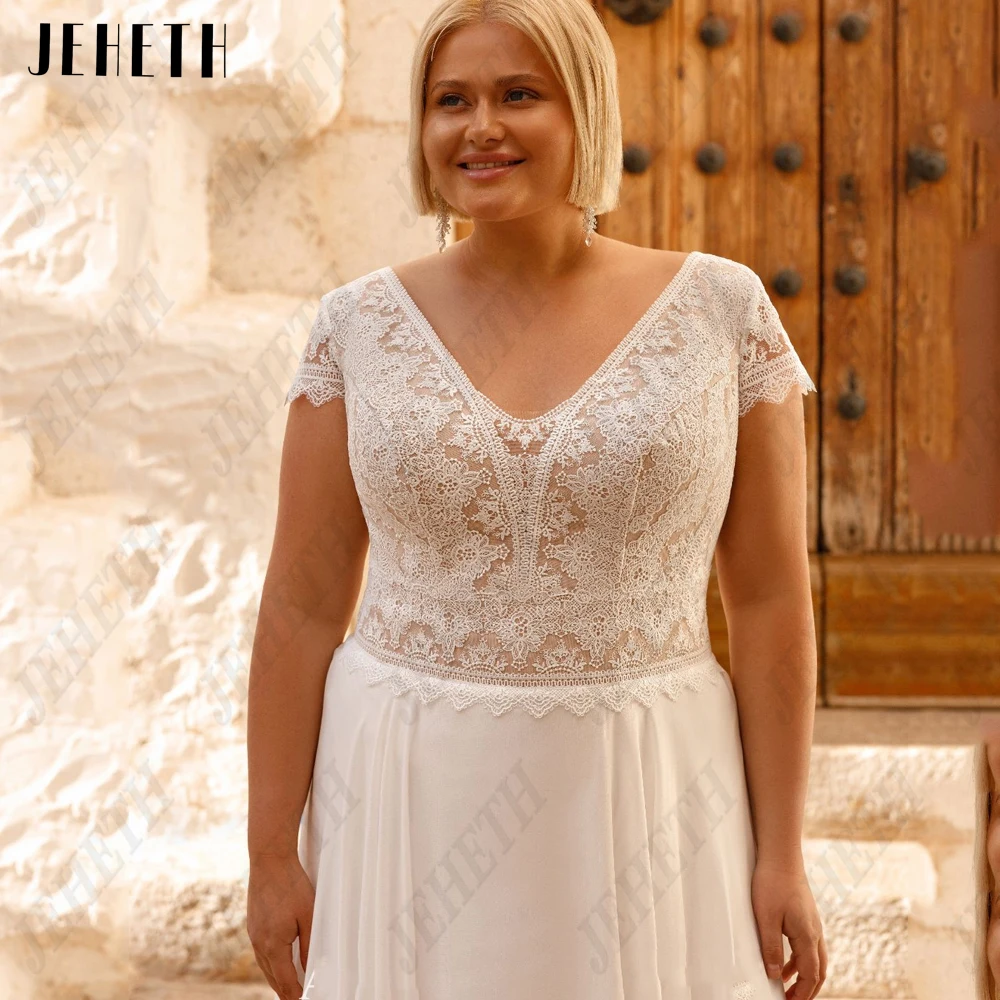 JEHETH Classic Wedding Dresses Short Sleeves Plus Size Double V-Neck Bride Gowns Chiffon A-Line Applique vestidos de novia