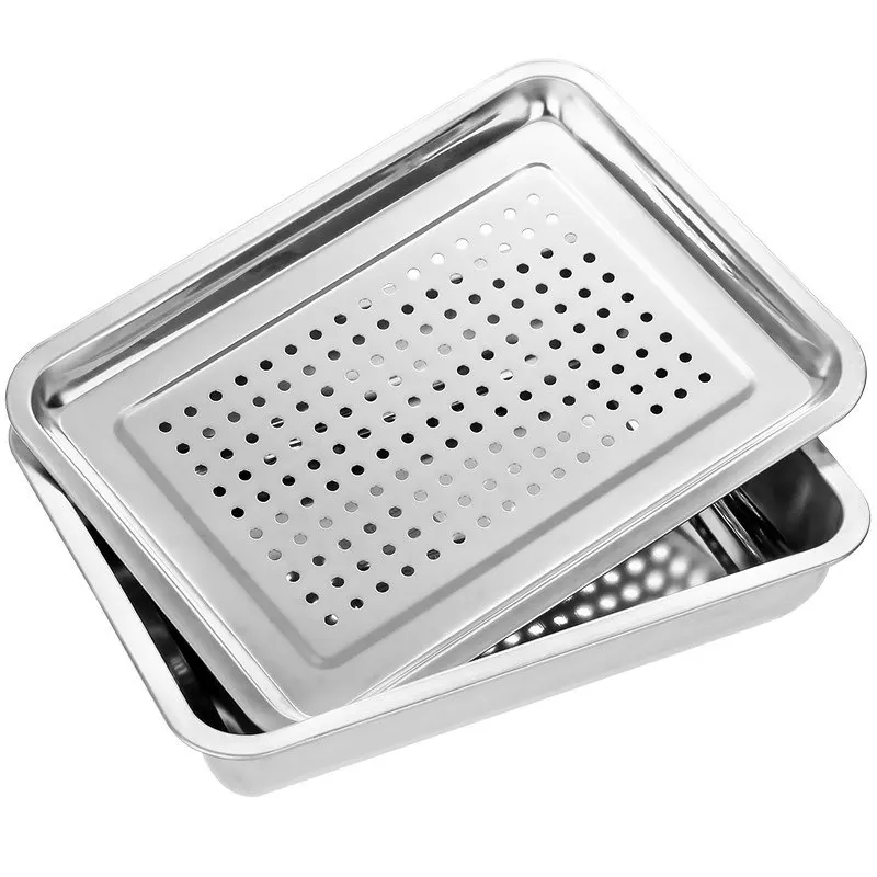 2Pcs Stainless Steel Tea Cup Storage Tray Fruit Food Drain Dish Holder Household Hollow Barbecue Filter Oil Plate Teaware Pan