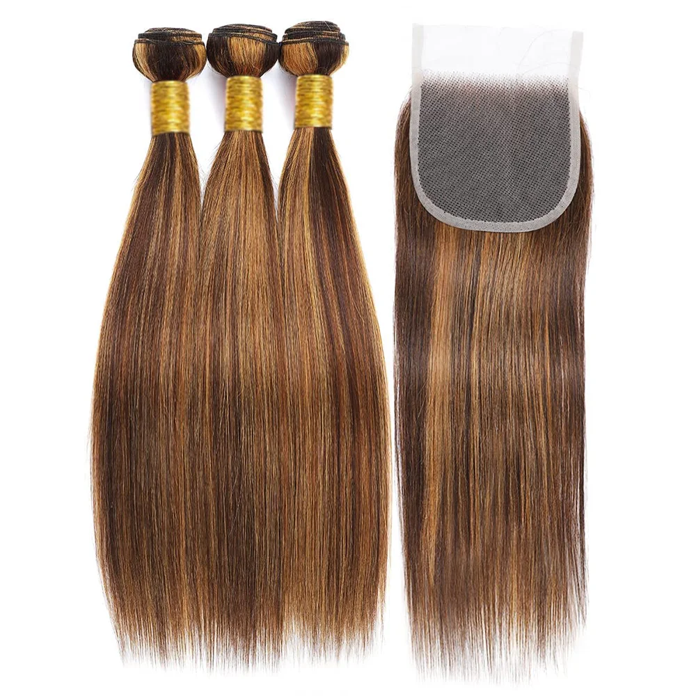 Highlight 12A Straight Human Hair Bundles with Closure Honey Blonde Human Hair Bundles 100% Burmese Virgin Raw Hair Bundles
