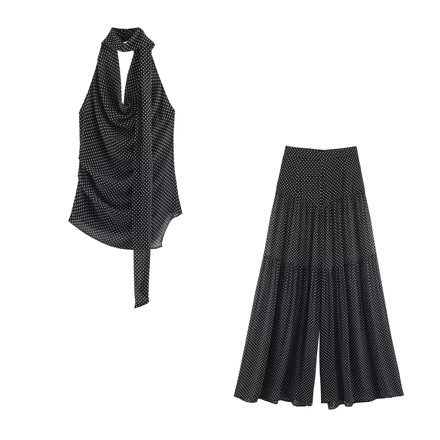 KONDALA Vintage Party-Chic Damen-Hosenanzug mit Polka Dots, ärmellosem Neckholder-Top und langen, weiten Hosen – Modischer Sommer-Urlaubsanzug 2026 – Detail 3