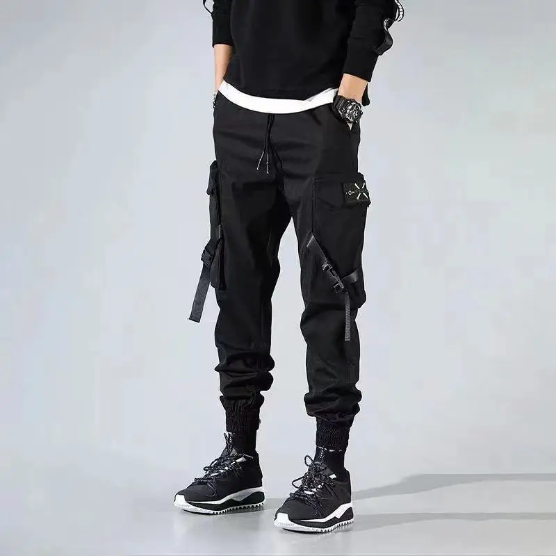 

Classic Streetwear Casual Pants Men Ribbons Harem Jogging Pants Male Slim Fit Spring Cargo Pants Multi-Pockets Women Trouser KZ1