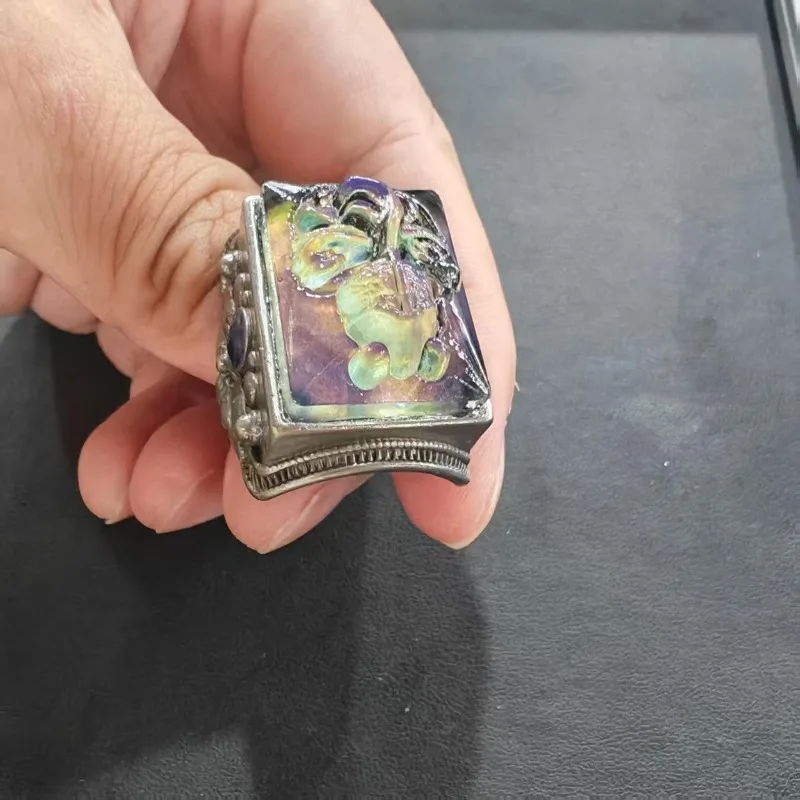 Retro Oriental Antique Metal Ring Unisex Square Iridescent Carved Floral Inlay Vintage Tribal Men Statement Finger Ornament