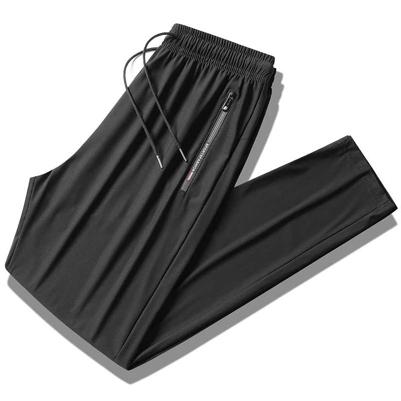 Pantalones de seda de hielo para hombre, pantalón informal de pierna recta, transpirable, secado rápido, con cordón, color negro, novedad de 2024