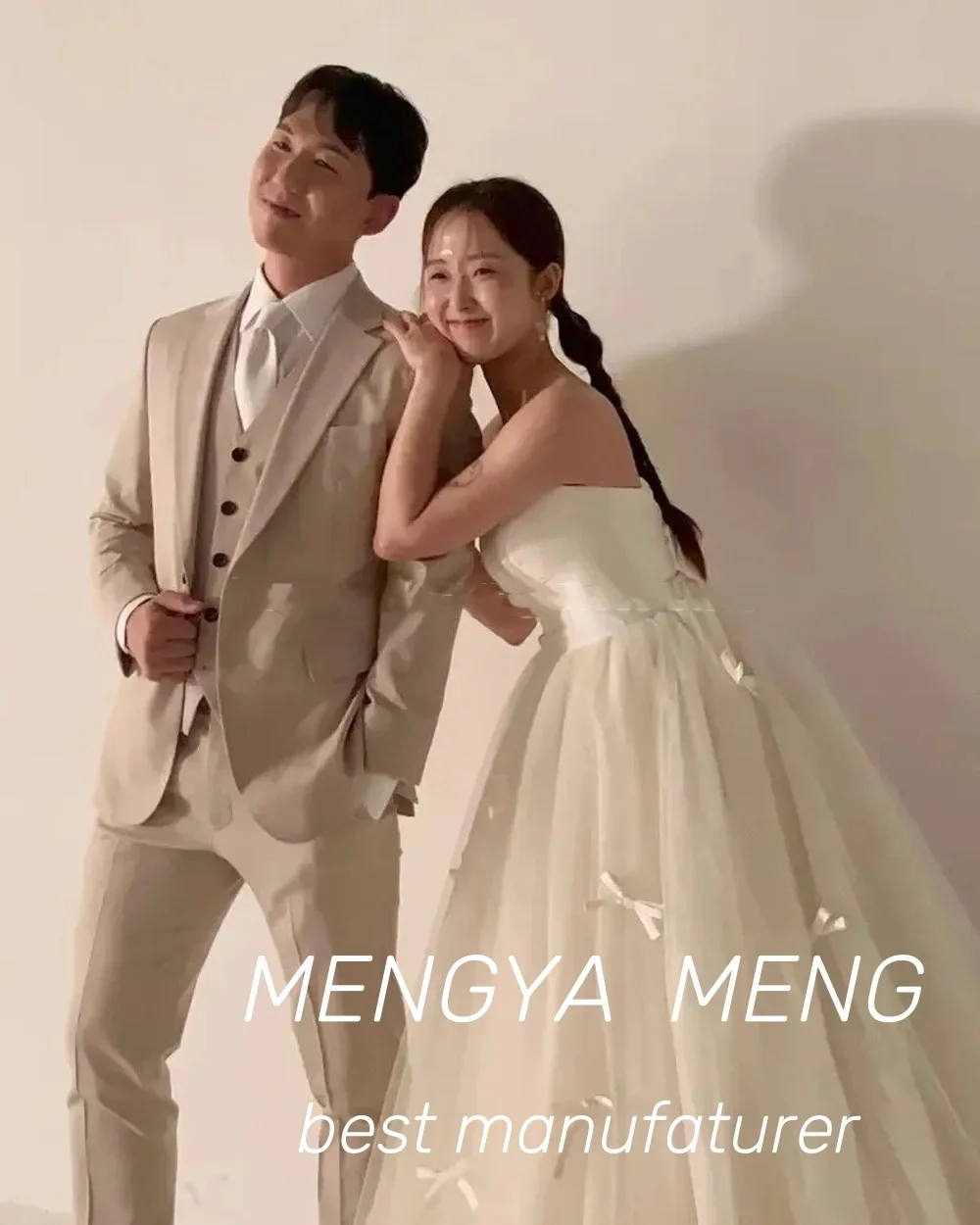 Aangepaste Fee Witte Prinses Trouwjurken Strik Applicaties Bruidsjurken Formele Fotoshoot Bruidsjurken Voor Koreaanse aangepaste