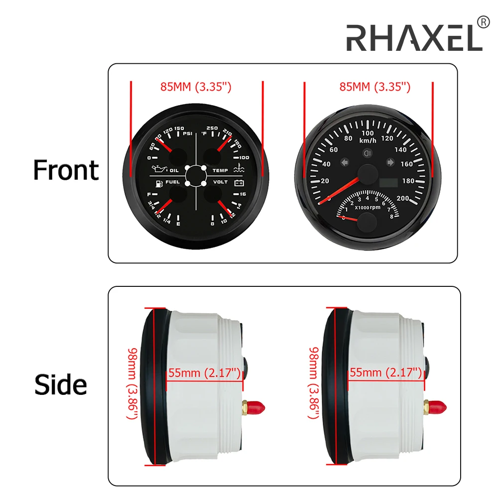 RHAXEL-velocímetro GPS para coche y barco, Kit de calibre 2, 120 km/h con tacómetro, 4 en 1, nivel de combustible, temperatura del agua Voltímetro de presión de aceite para camión