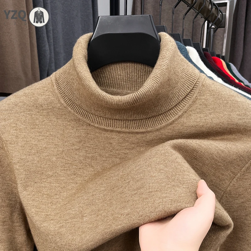 เสื้อสเวตเตอร์คอเต่าผู้ชายทรงเข้ารูป ผ้าถักคุณภาพสูง ป้องกันขนร่วง แขนยาว สีพื้น สำหรับฤดูใบไม้ร่วง สไตล์สตรีทแวร์