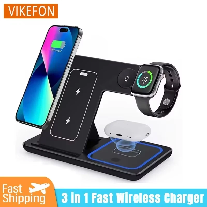 

Беспроводное зарядное устройство-держатель VIKEFON 3-в-1 для iPhone 17-12, Apple Watch S10/9/8, Airpods 4 Pro 2, складная станция быстрой зарядки